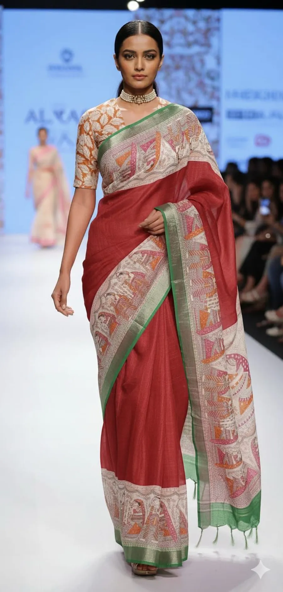 Soft Slub Cotton Madhubani Hand-Printed Saree with Striped Design & Jari Pallu